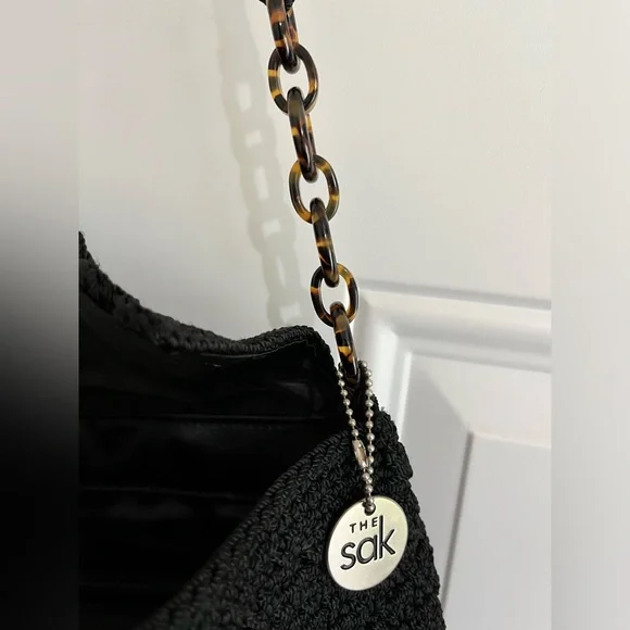 The Sak Black Crochet Flap Snap Closure Faux Tortoise Links Shoulder Mini Bag - Picture 7 of 11